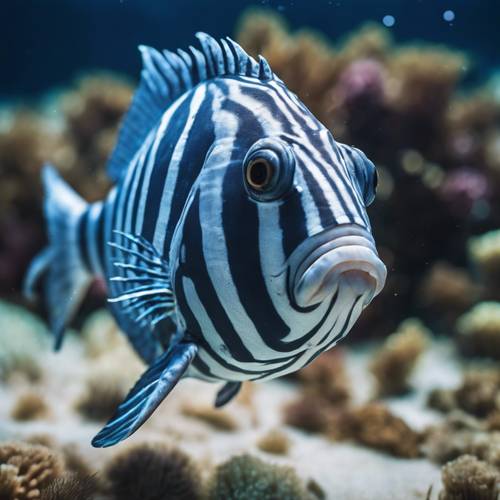 A deep-sea fish with intriguing blue and white stripes exploring the ocean floor.