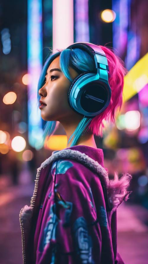 Una chica asiática con cabello de colores brillantes y auriculares de gran tamaño, caminando por una calle de la ciudad iluminada con luces de neón por la noche.