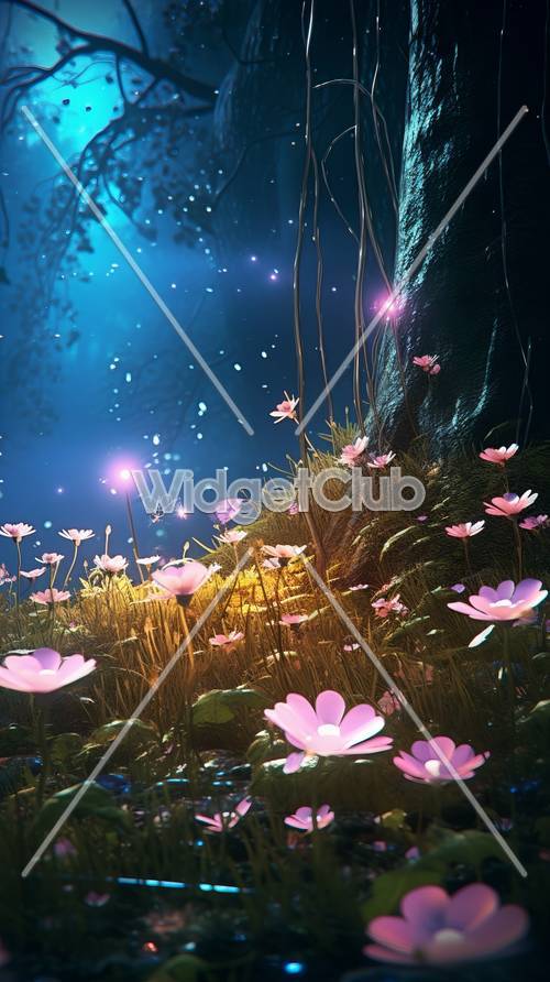Enchanted Forest Scene with Sparkling Flowers and Blue Sky