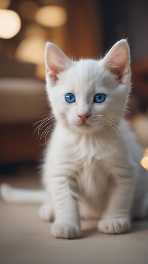 Белый котенок с голубыми глазами с любопытством смотрит в тепло освещенную гостиную.