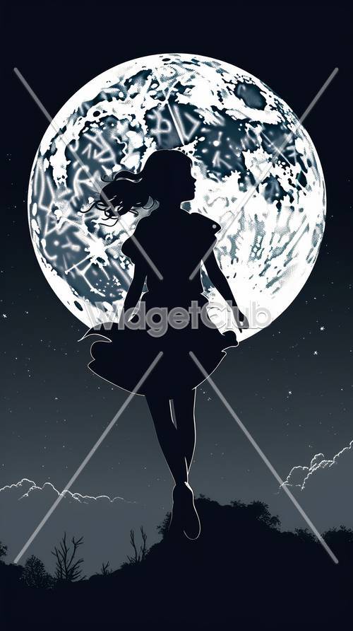 Silhouette of Girl Against Moonlit Night Sky Kertas dinding [24820b557e4441689b96]