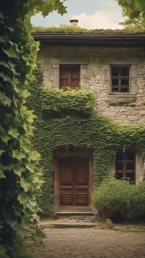 Pondok batu yang menawan dengan tanaman ivy dan daun jendela kayu kuno, dengan latar belakang hutan yang tenang.