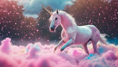 Seekor unicorn bermandikan warna-warna neon pastel, bermain-main di balik awan putih halus.