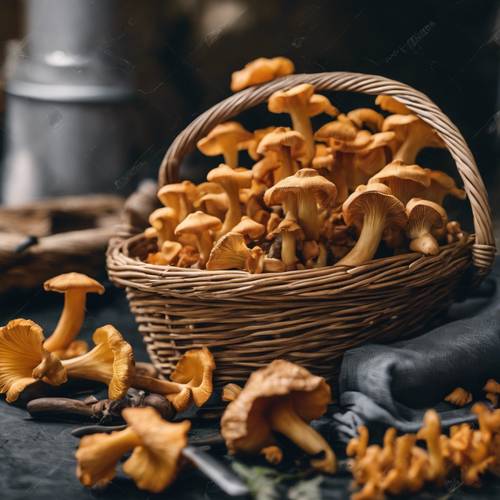 A fresh pair of chanterelle mushrooms sitting in a wicker basket next to a chef's knife. Tapeta [089e7a729ab541e0ba9a]
