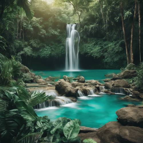 A turquoise waterfall cascading into a clear pool surrounded by a verdant jungle.