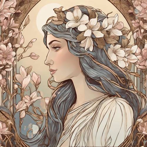 목련 꽃으로 장식된 긴 머리를 가진 여성의 아르누보 스타일 그림입니다.