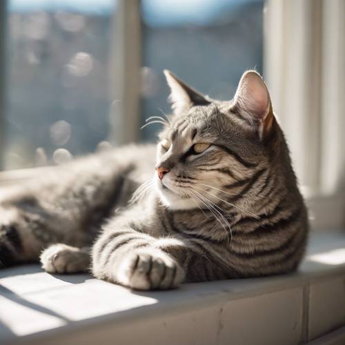 Güneş ışığı altında pencere kenarında uyuyan açık gri bir tekir kedinin huzurlu portresi.