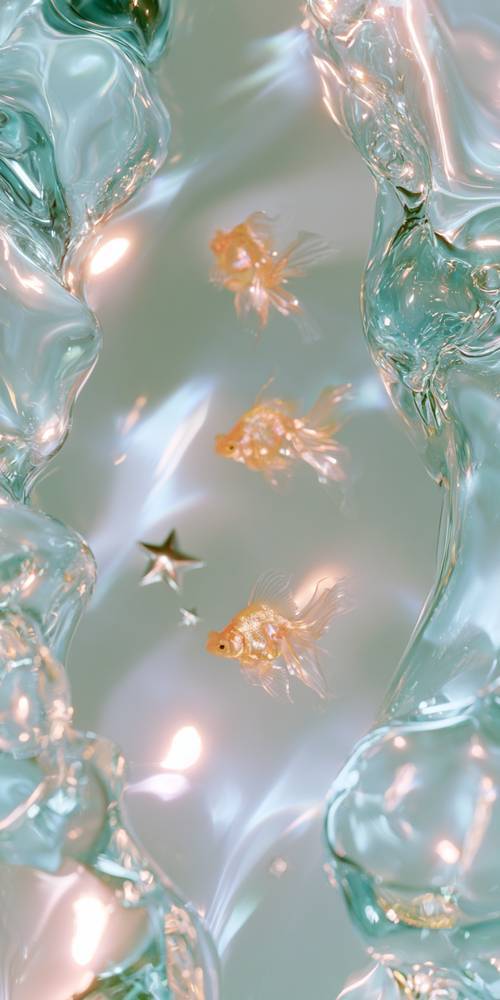 Fundo com peixinhos dourados brilhantes e estrelas em águas de sonho
