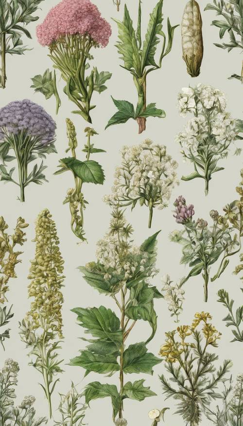 Un&#39;illustrazione botanica di piante medicinali rare, evidenziate con ombreggiature sottili e dettagli raffinati. Sfondo [c81e800742f144ed8830]