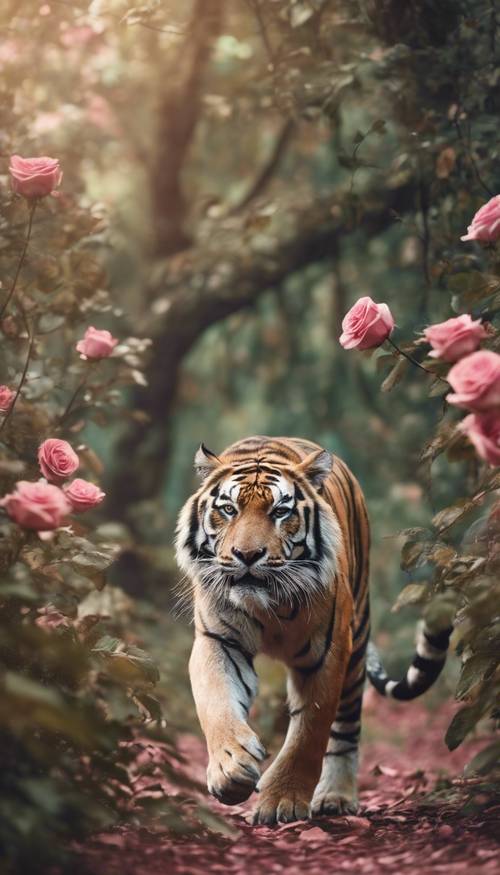 Maestosa tigre rosa che si aggira in una foresta incantata.