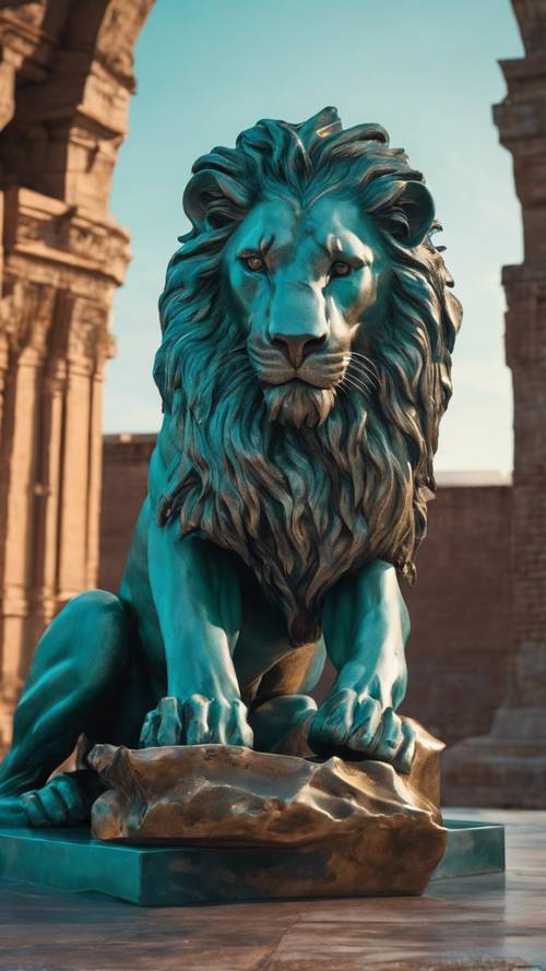 Turkuaz rengi bir alacakaranlığın önünde Daniel&#39;i aslanın ininde tasvir eden çarpıcı bronz heykel.