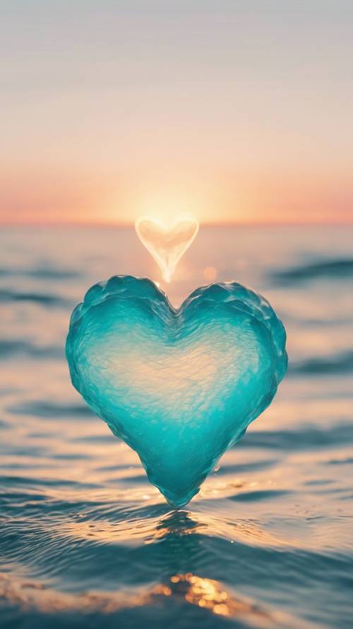 Cyjanowa aura w kształcie serca unoszącego się na powierzchni spokojnego oceanu podczas wschodu słońca. Tapeta [4a652722c9454afaabba]