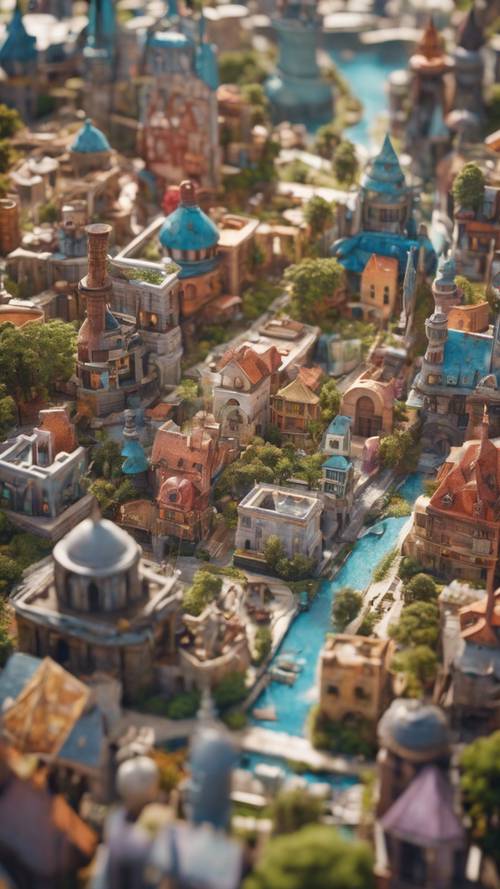 Um mapa detalhado de uma cidade de fantasia colorida e movimentada, repleta de diferentes arquiteturas especulativas.