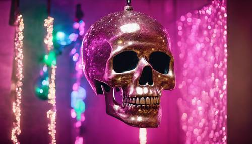 A disco-themed room with a giant glitter skull disco ball hanging from the ceiling.