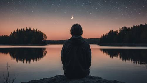 A captured moment of solitude- a lone emo teen gazing upon a moonlit lake, thoughts deep.