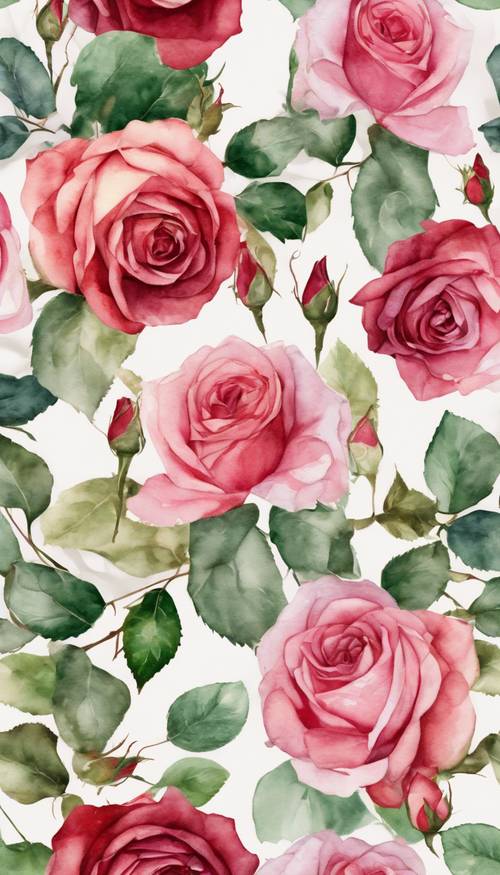 Un motif sans couture de roses aquarelles, peintes dans des tons vibrants de rouge et de rose avec des feuilles vertes sur fond blanc ivoire.