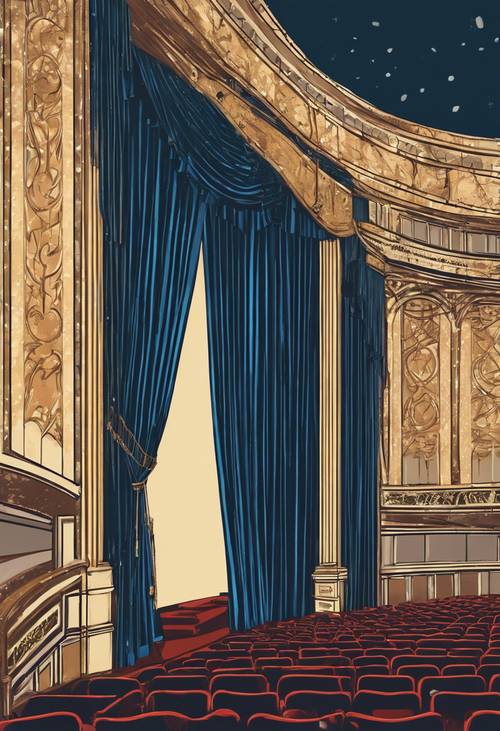 Tirai beludru biru besar yang digambar di teater kuno, memperlihatkan panggung.