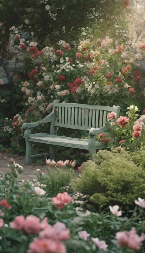 一张古老的灰绿色花园长椅，周围环绕着盛开的鲜花