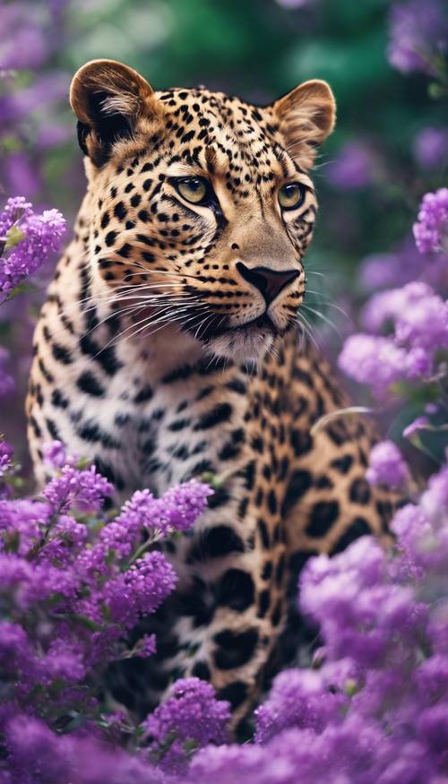 Um leopardo de olhos arregalados escondido em um arbusto vibrante de flores roxas.