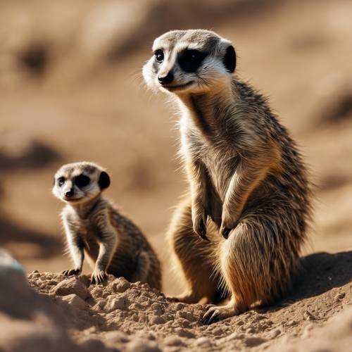 An older meerkat teaching its younger kin how to dig a burrow. Wallpaper [39b13f92121f4393bbca]