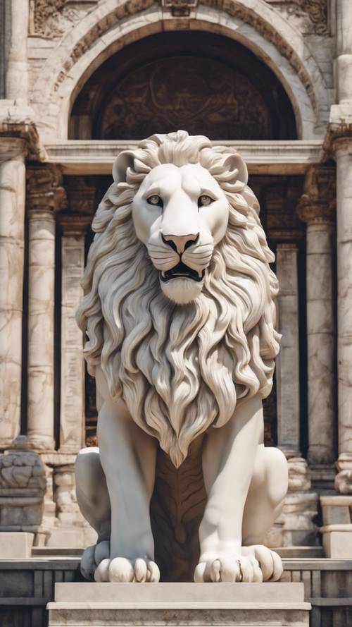 Uma monumental estátua de leão em mármore branco guardando a entrada de um antigo palácio