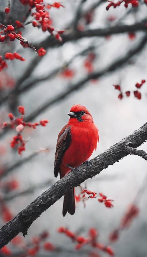 A vivid red bird perched upon a gray, weathered tree branch.