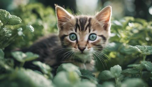 A playful and healthy kitten, exploring a garden filled with mint green foliage.