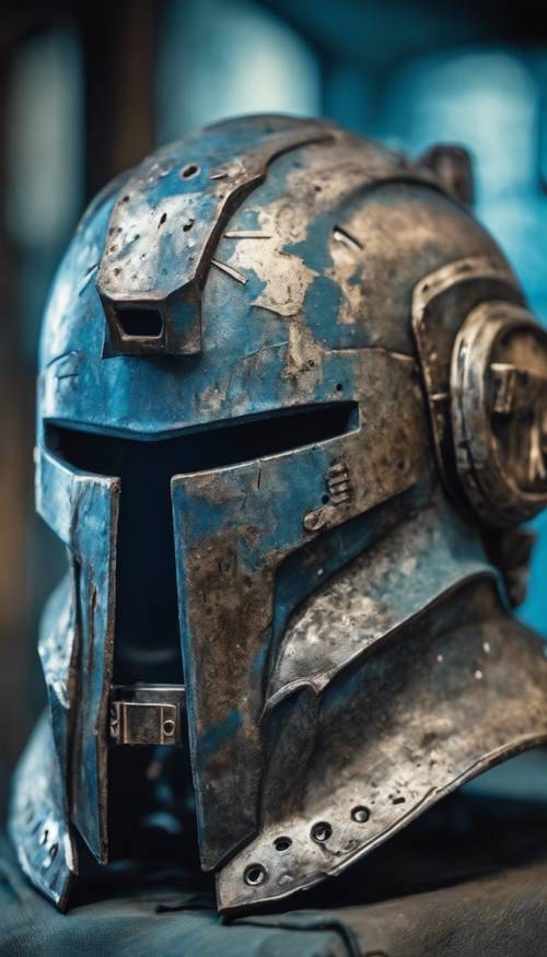 Un casco blindado desgastado por la batalla con acero en tonos azules y rayones.