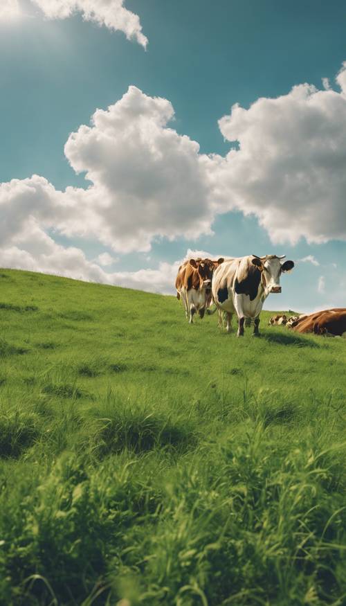 Eine weite grüne Wiese mit grasenden Kühen unter einem klaren blauen Himmel.