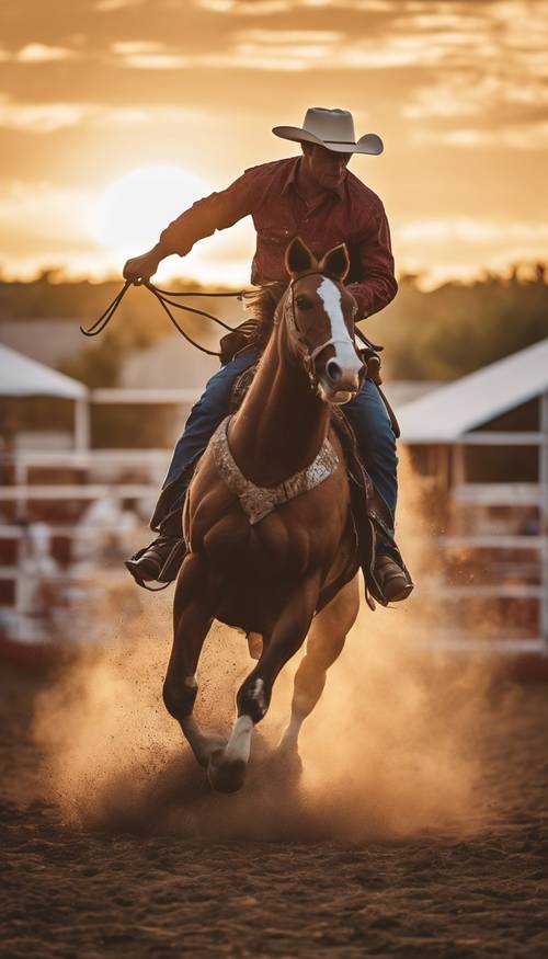 A cowboy riding a bucking bronco in a rodeo against a setting sun.