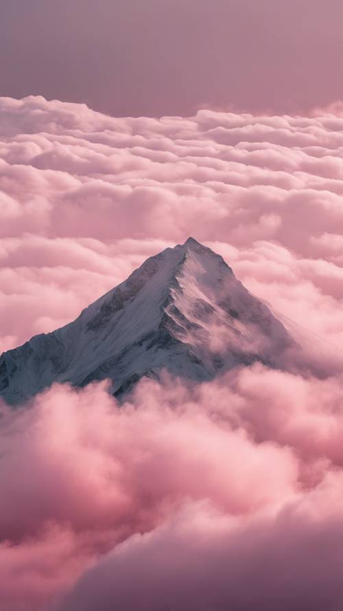 La cima de una montaña cubierta por un velo de nubes de color rosa pastel.