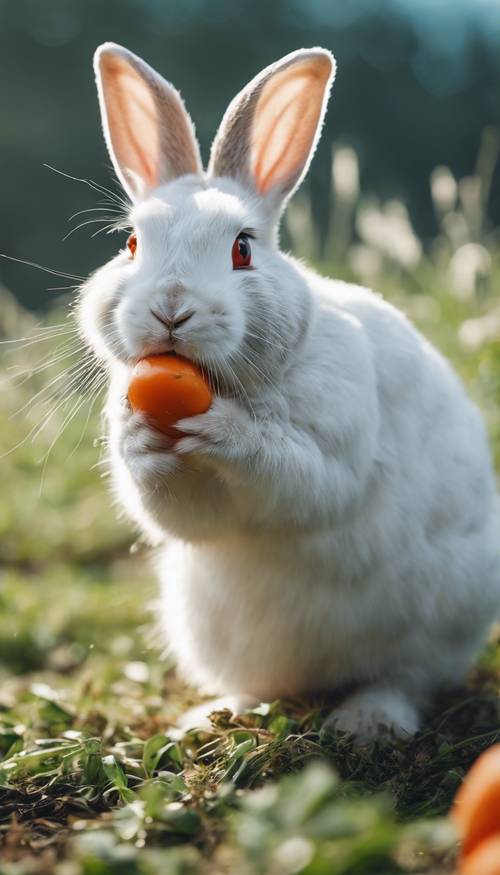 Conejo blanco besado por el rocío mordisqueando una zanahoria temprano en la mañana en un prado blanco.