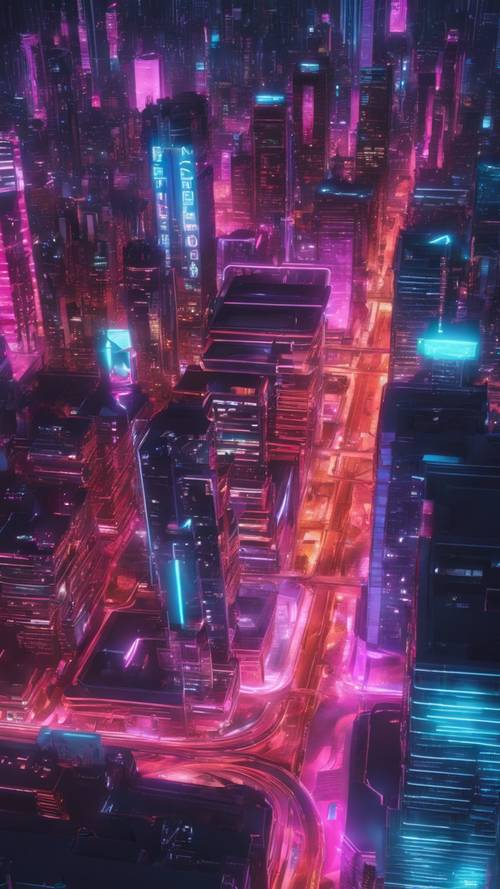 Um deslumbrante horizonte de neon em tons elétricos de uma cidade ultramoderna em um universo cyberpunk.