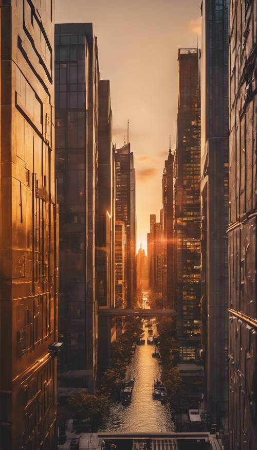 Un paysage urbain élégant et moderne baigné de lumière dorée au coucher du soleil.