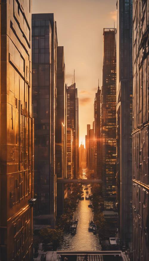 A sleek, modern cityscape bathed in golden sunset light. Tapeta [2e7ae44099da4d4a847c]