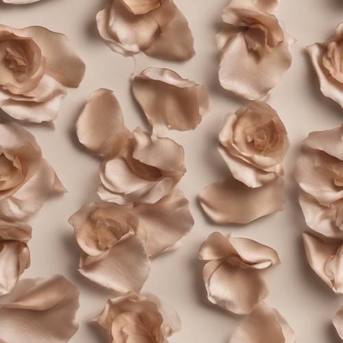 Posizionamento artistico di petali di rosa di seta marrone chiaro su uno sfondo neutro.