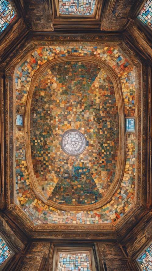 Um grande e colorido teto em mosaico representativo da era renascentista.