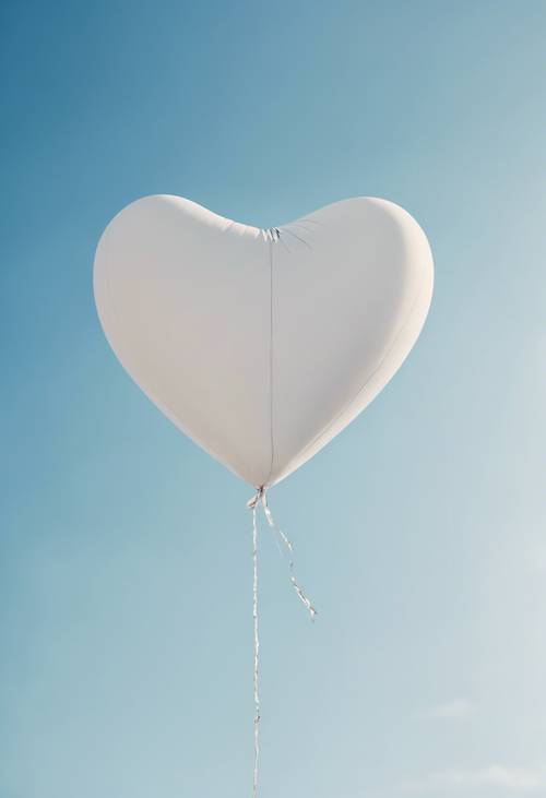 Balon berbentuk hati berwarna putih terbang dengan latar belakang langit biru cerah.