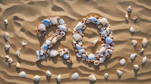 Sebuah pola yang terbuat dari kerang berwarna-warni di pantai berpasir, membentuk angka malaikat &#39;1234&#39;.