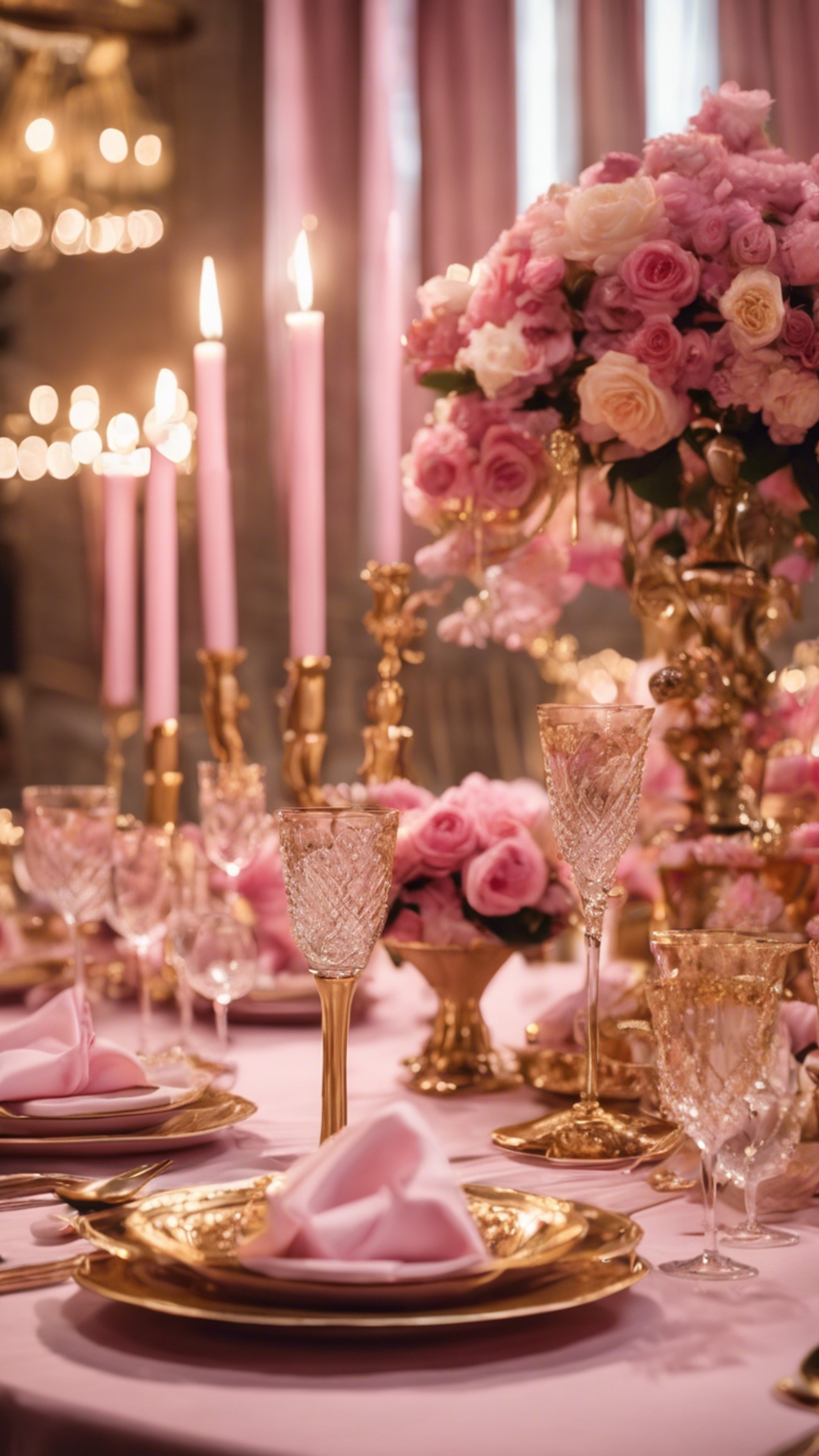 An elegant pink and gold-themed dining table set for an evening soiree.壁紙[a96f4c3be44f41948a30]