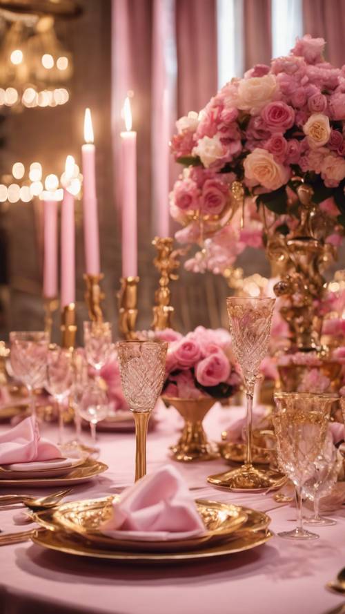 Meja makan elegan bertema pink dan emas untuk acara malam hari.