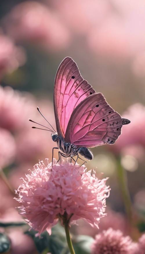 핑크색 금속 나비가 활짝 핀 꽃 위에 자리잡고 있습니다.