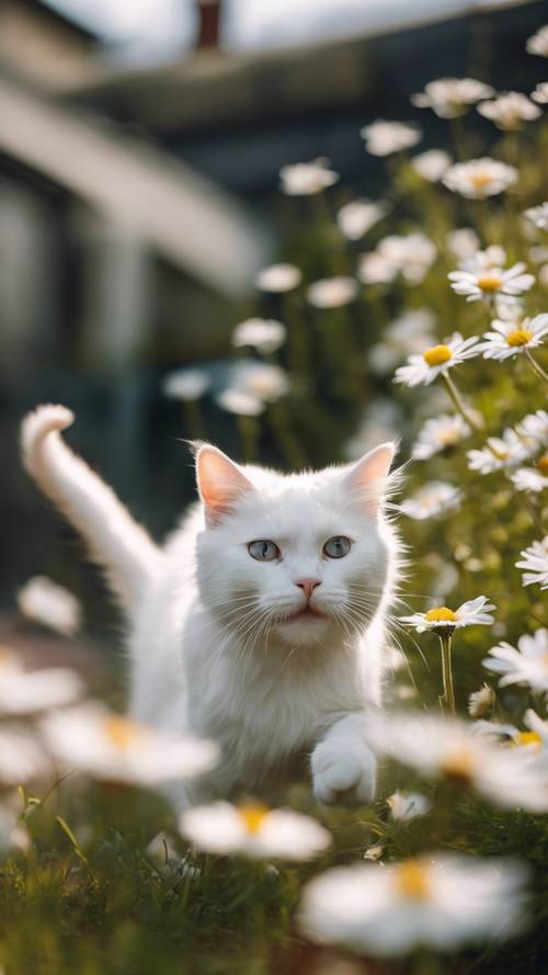 An energetic young white cat chasing its own tail in a garden full of daisies.
