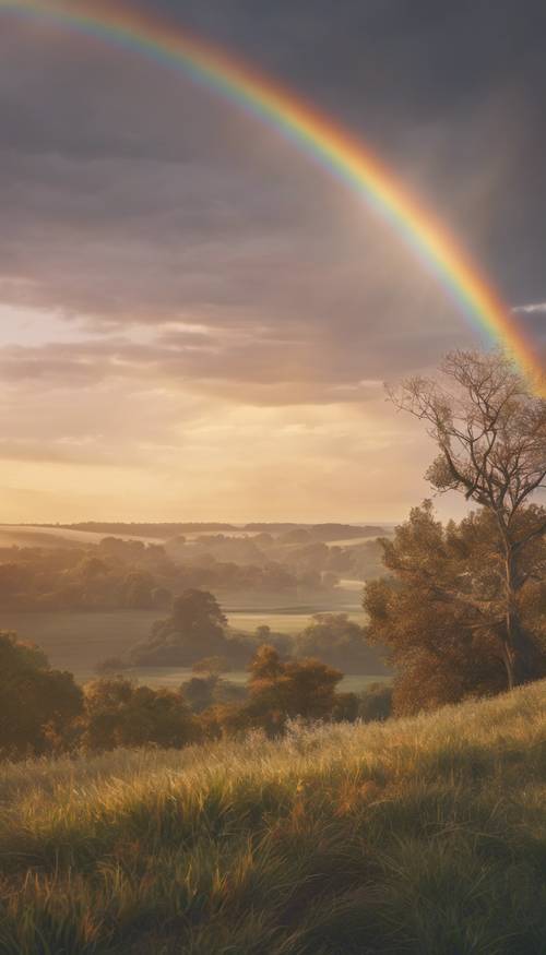 A serene landscape at sunrise, with a rainbow with neutral colors spanning across the horizon.