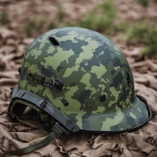 Camuflagem verde pintada na superfície de um capacete de combate de nível militar.