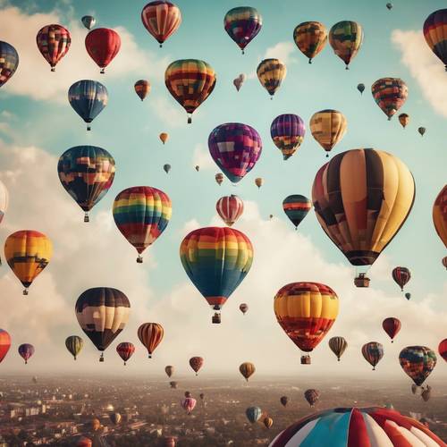 Um horizonte cheio de balões de ar quente em todas as cores do arco-íris.