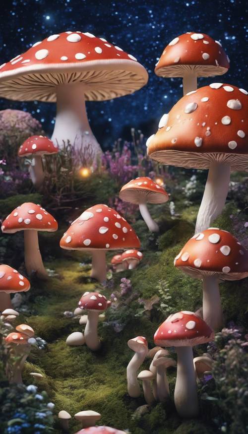 Un charmant village de champignons kawaii sous un ciel étoilé.