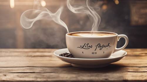 An image of a coffee cup sitting on a rustic wooden table with the steam rising in the shape of the quote 'Live, Laugh, Love.'