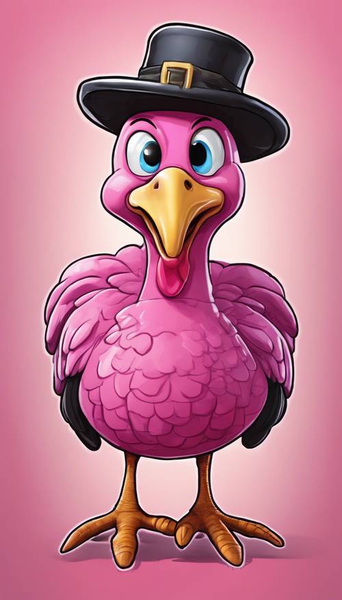 A fun, cartoon-style drawing of a pink turkey wearing a Pilgrim hat.