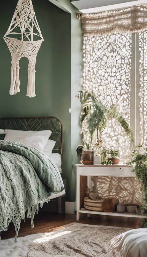 Un dormitorio boho chic en color verde salvia, adornado con tapices de macramé y ropa de cama de encaje blanco. Fondo de pantalla [85bccb5732e942759e91]